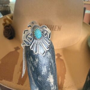 Navajo Signed Martinez Robertson Thunderbird Ring
Sterling Silver 
Size 8 1/2